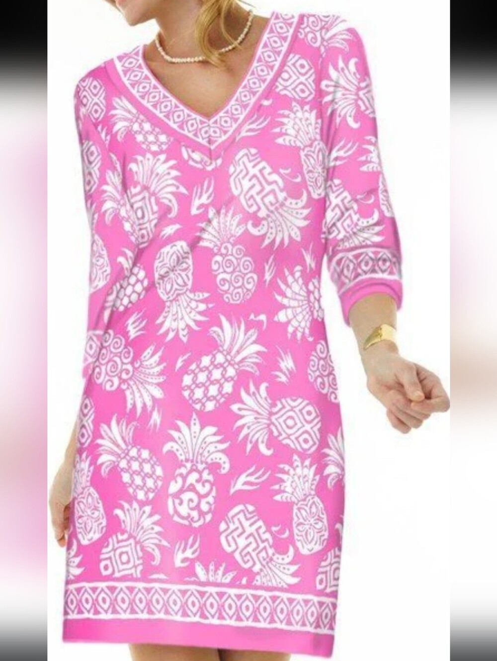 BARBARA GERWIT Nwot Sz Sm Pink White Pineapple Knit 3/4 Sleeve V-Neck Dress